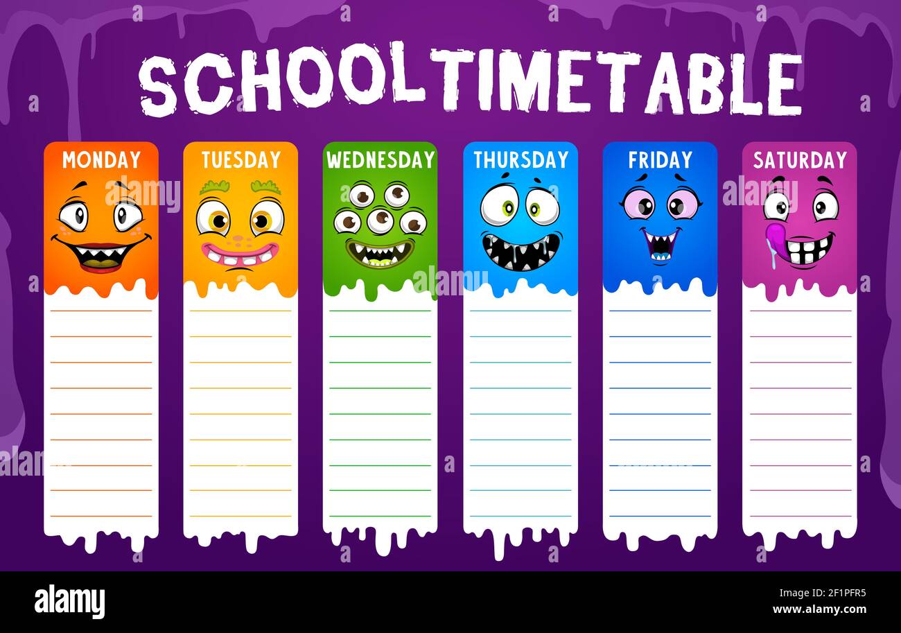 Education school timetable or student schedule with cartoon vector monster faces. Study planner, weekly lesson plan or chart for elementary school or Stock Vector Image & Art - Alamy Education school timetable or student schedule with cartoon vector monster faces. Study planner, weekly lesson plan or chart for elementary school or Stock Vector Image & Art - Alamy