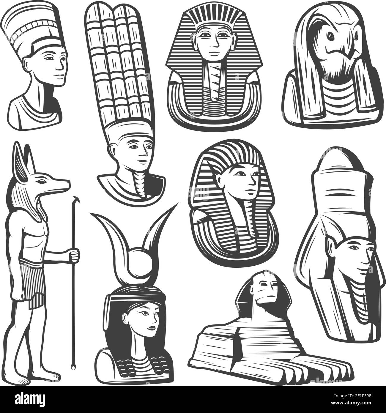 Vintage monochrome ancient Egypt people set with pharaoh mask sphinx egyptian gods and goddesses isolated vector illustration Stock Vector