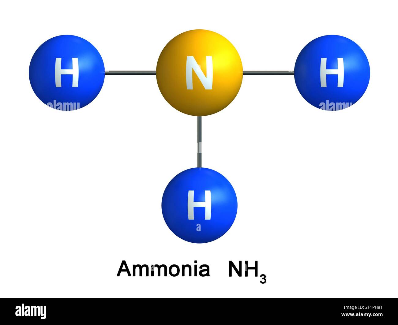 3d render of molecular structure of ammonia  isolated over white background. Atoms are represented as spheres with color and chemical symbol coding: h Stock Photo