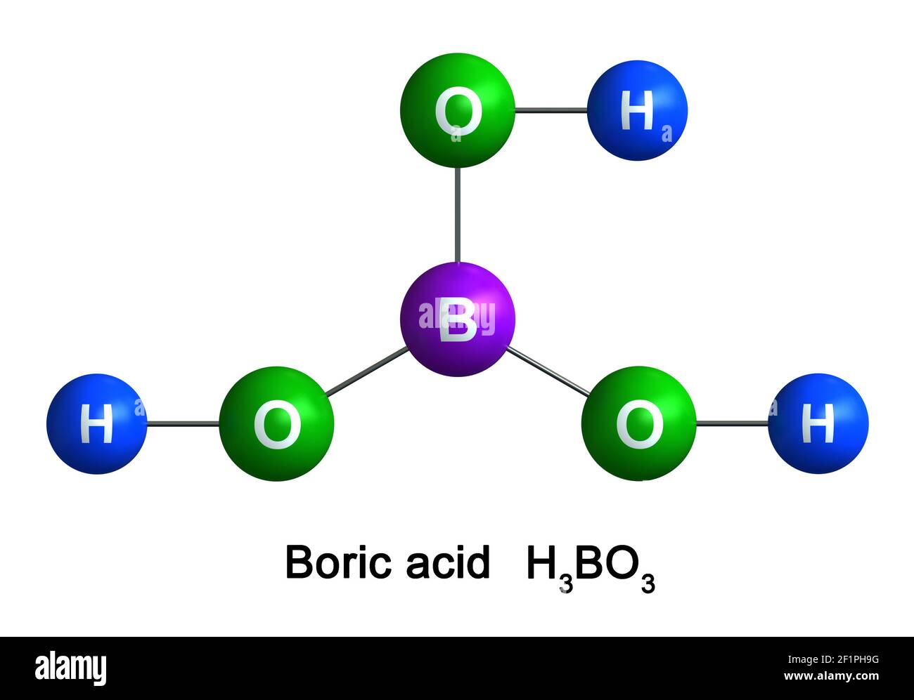 3d render of molecular structure of Boric acid isolated over white background. Atoms are represented as spheres with color and chemical symbol coding: Stock Photo