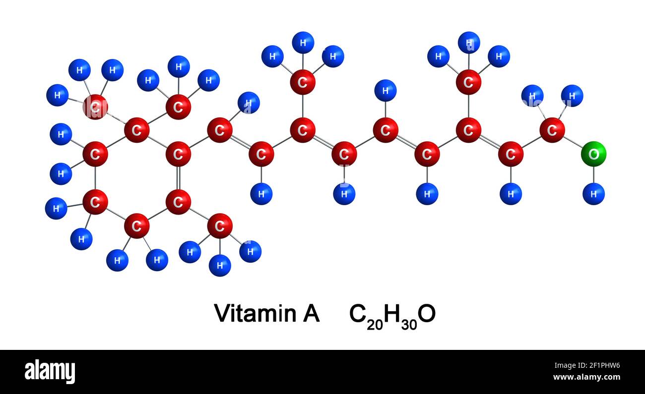 3d render of molecular structure of Vitamin A isolated over white