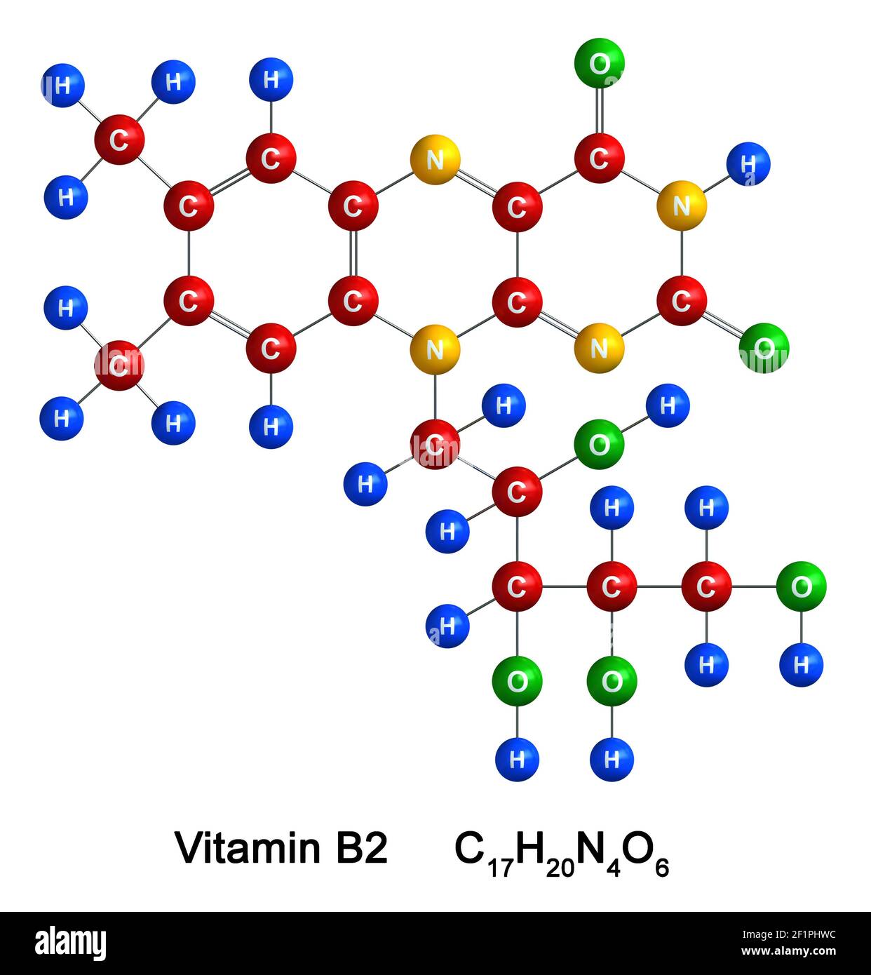 3d render of molecular structure of Vitamin B2 isolated over white