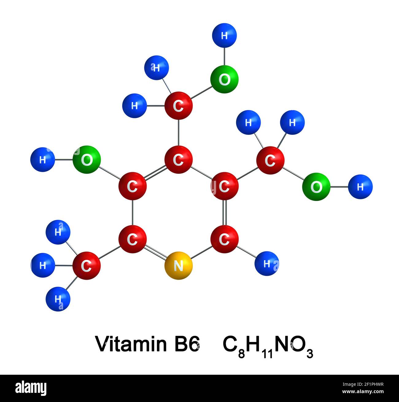 3d render of molecular structure of  Vitamin B6 isolated over white background. Atoms are represented as spheres with color and chemical symbol coding Stock Photo