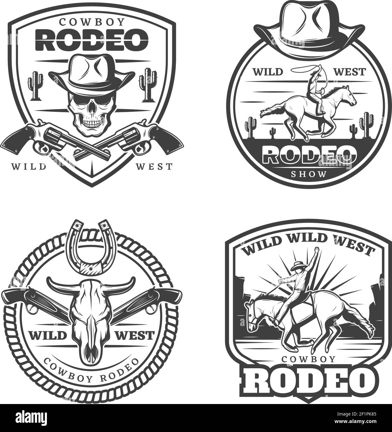 Monochrome vintage rodeo emblems set with cowboy riding horse weapon skull bull head and horseshoe isolated vector illustration Stock Vector