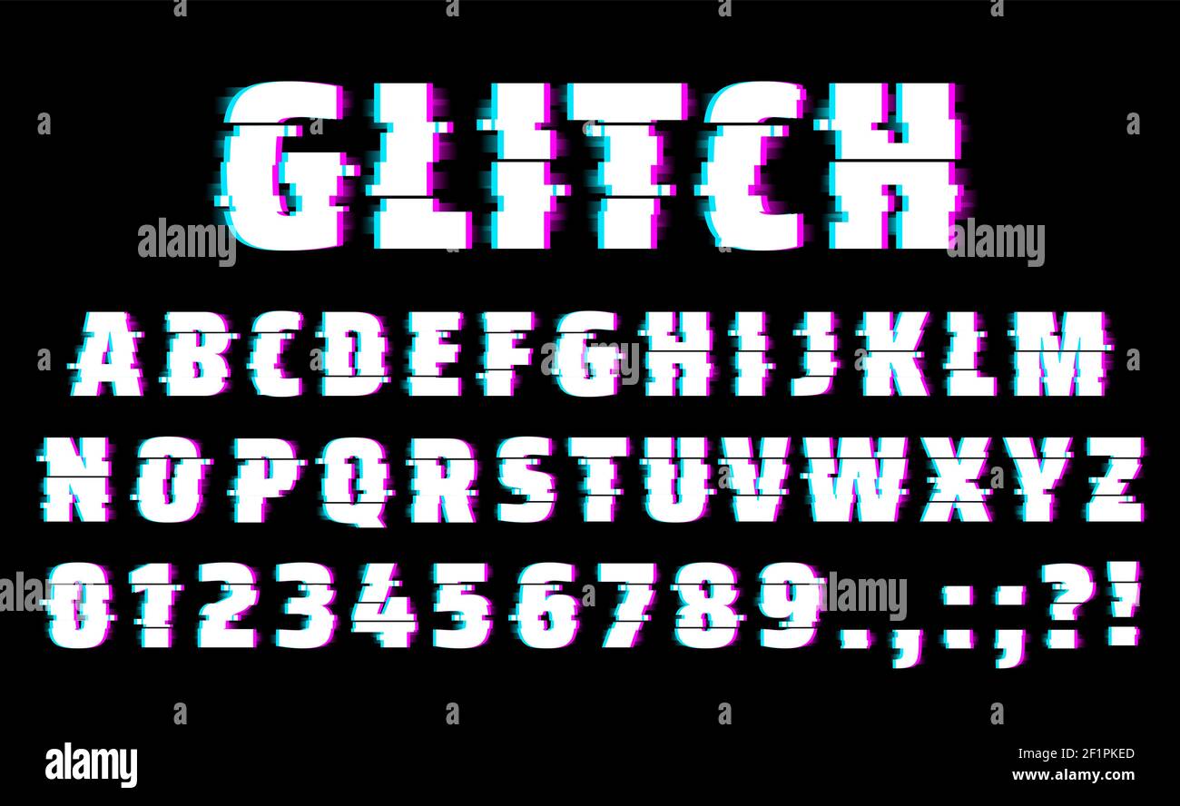 Glitch font of vector alphabet letters and numbers type. Distorted
