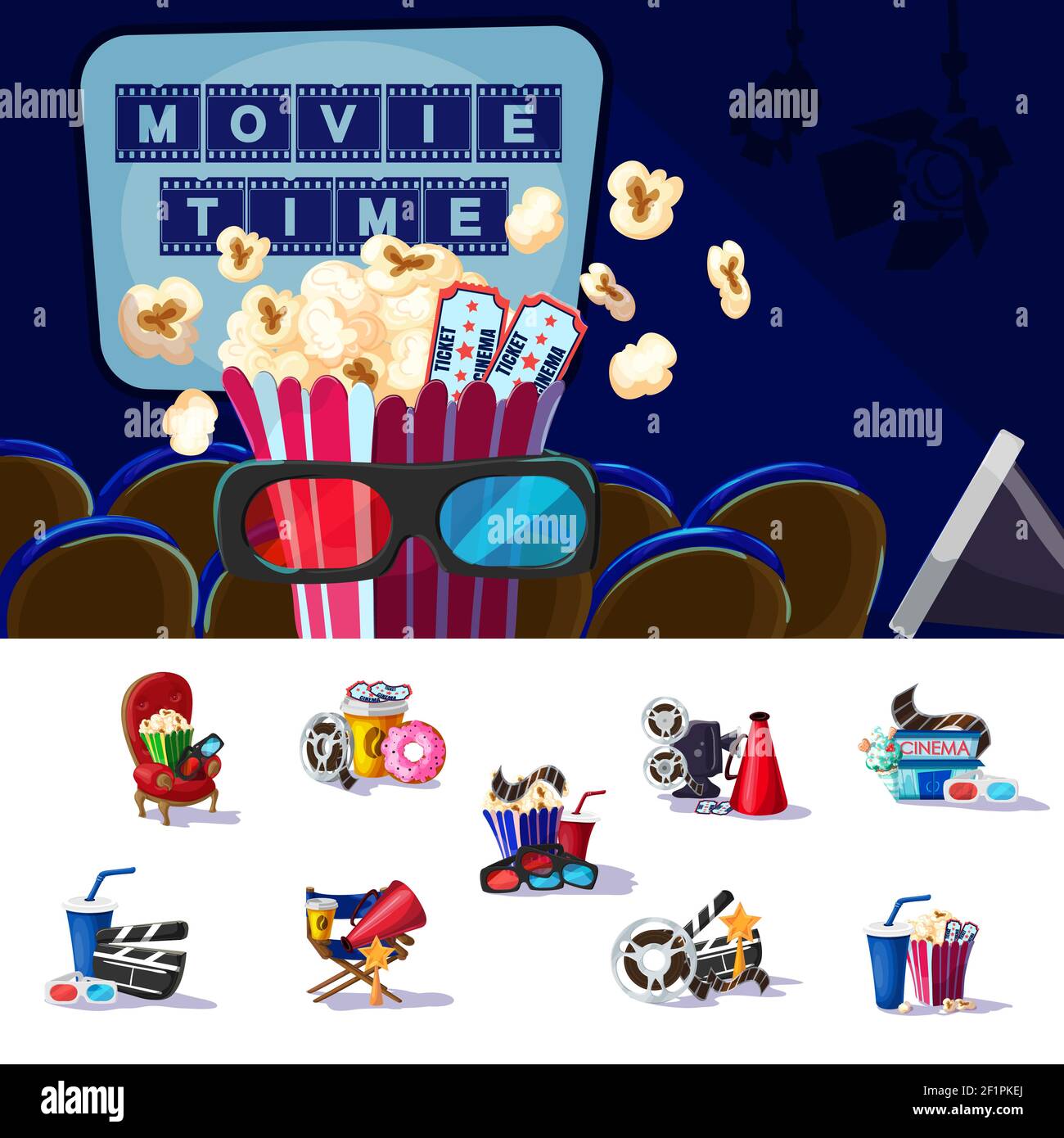 Movie premiere concept with snacks soda tickets 3D glasses chairs award