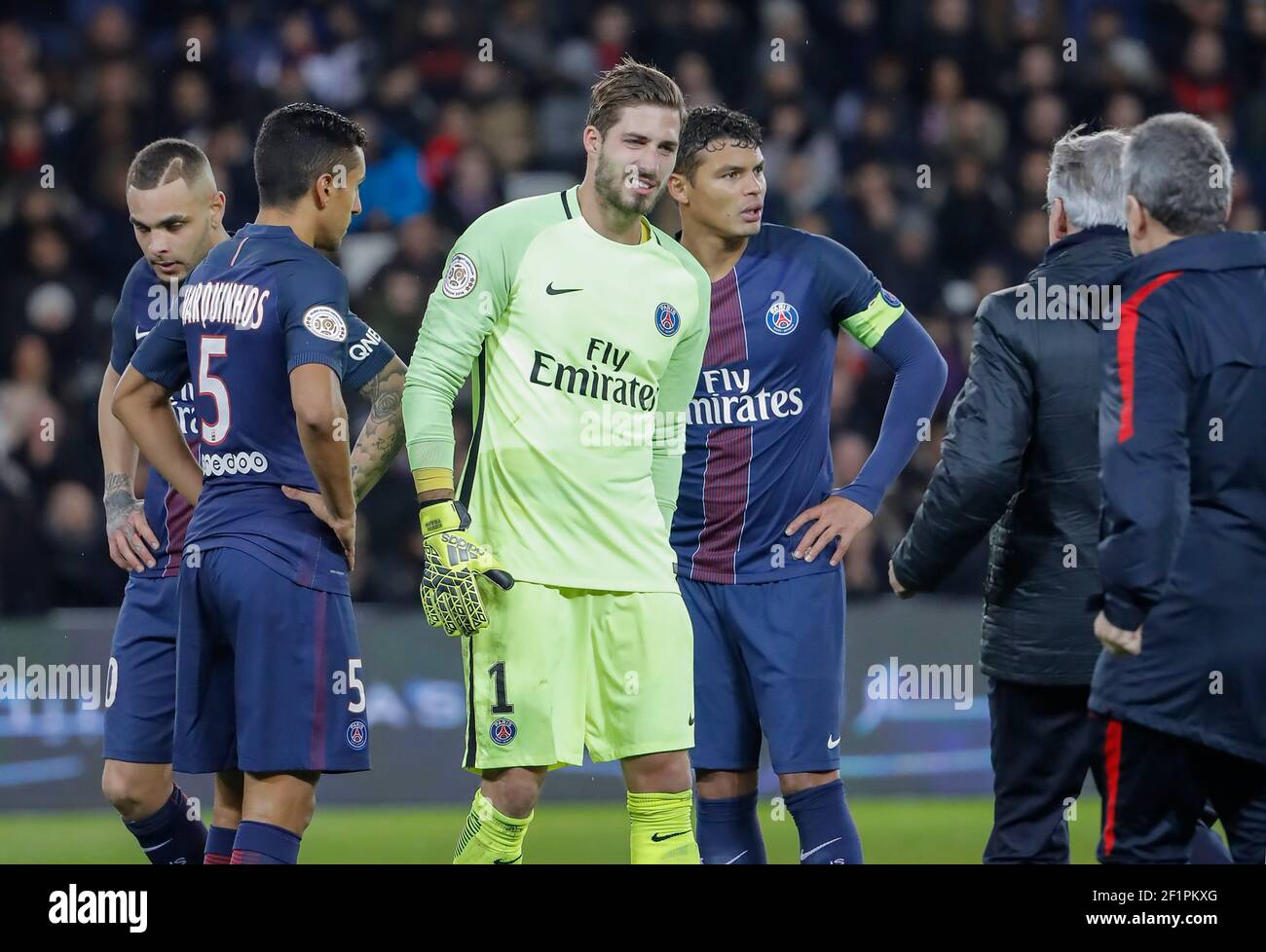 Kevin Trapp (PSG) had a thigh injury on it left leg and need cares, Marcos Aoas Correa dit Marquinhos (PSG), Thiago Silva (PSG), Layvin Kurzawa (psg) during the French Championship Ligue 1 football match between Paris Saint-Germain and AS Monaco on January 29, 2017 at Parc des Princes stadium in Paris, France - Photo Stephane Allaman / DPPI Stock Photo