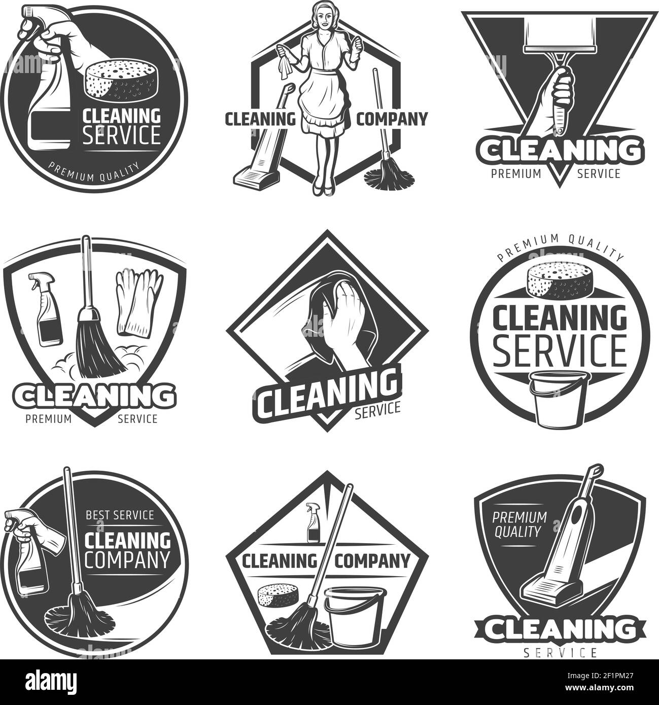 Monochrome cleaning service labels with domestic washing tools and