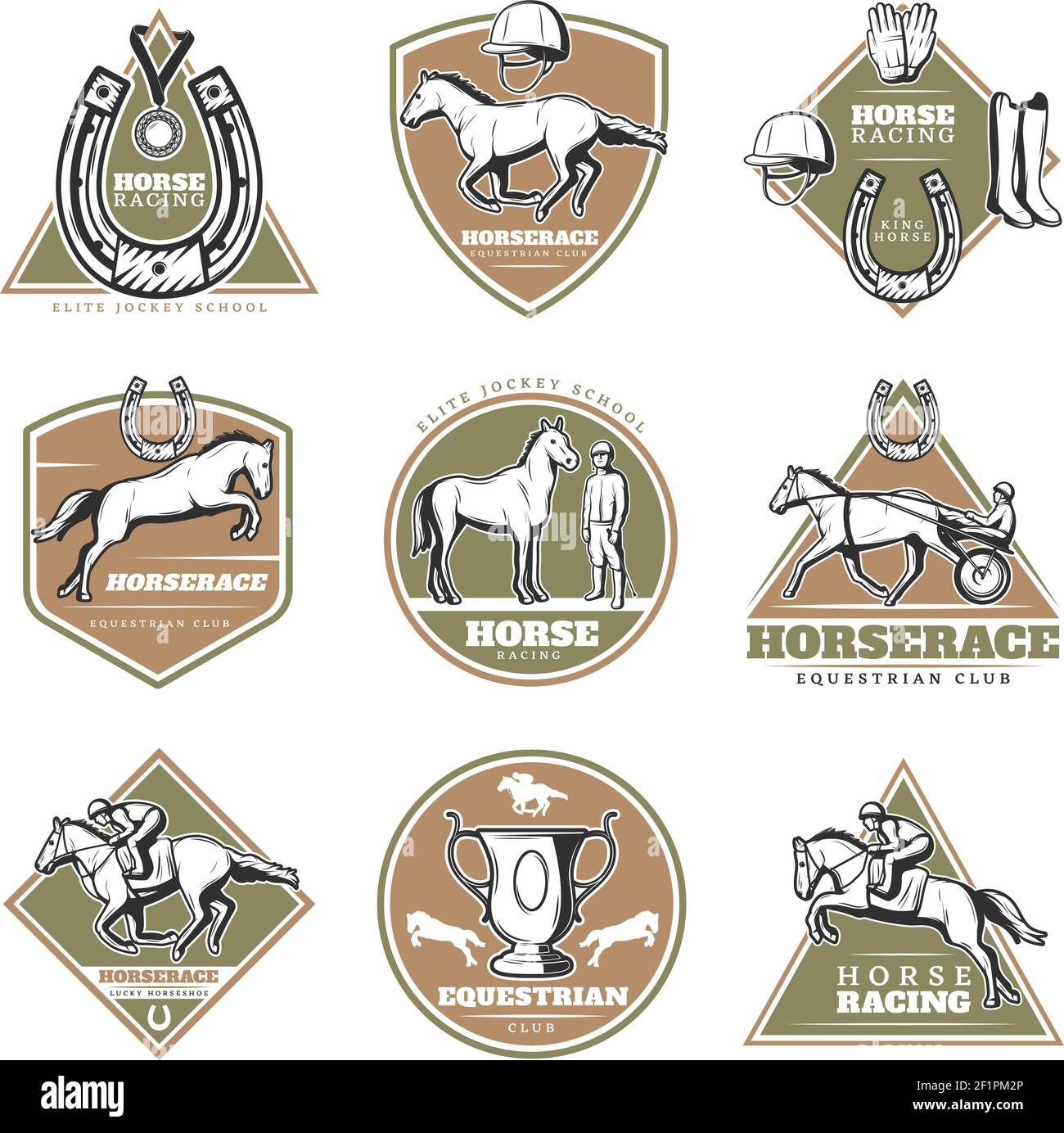 Colorful equestrian sport labels set with jockeys riding horses and