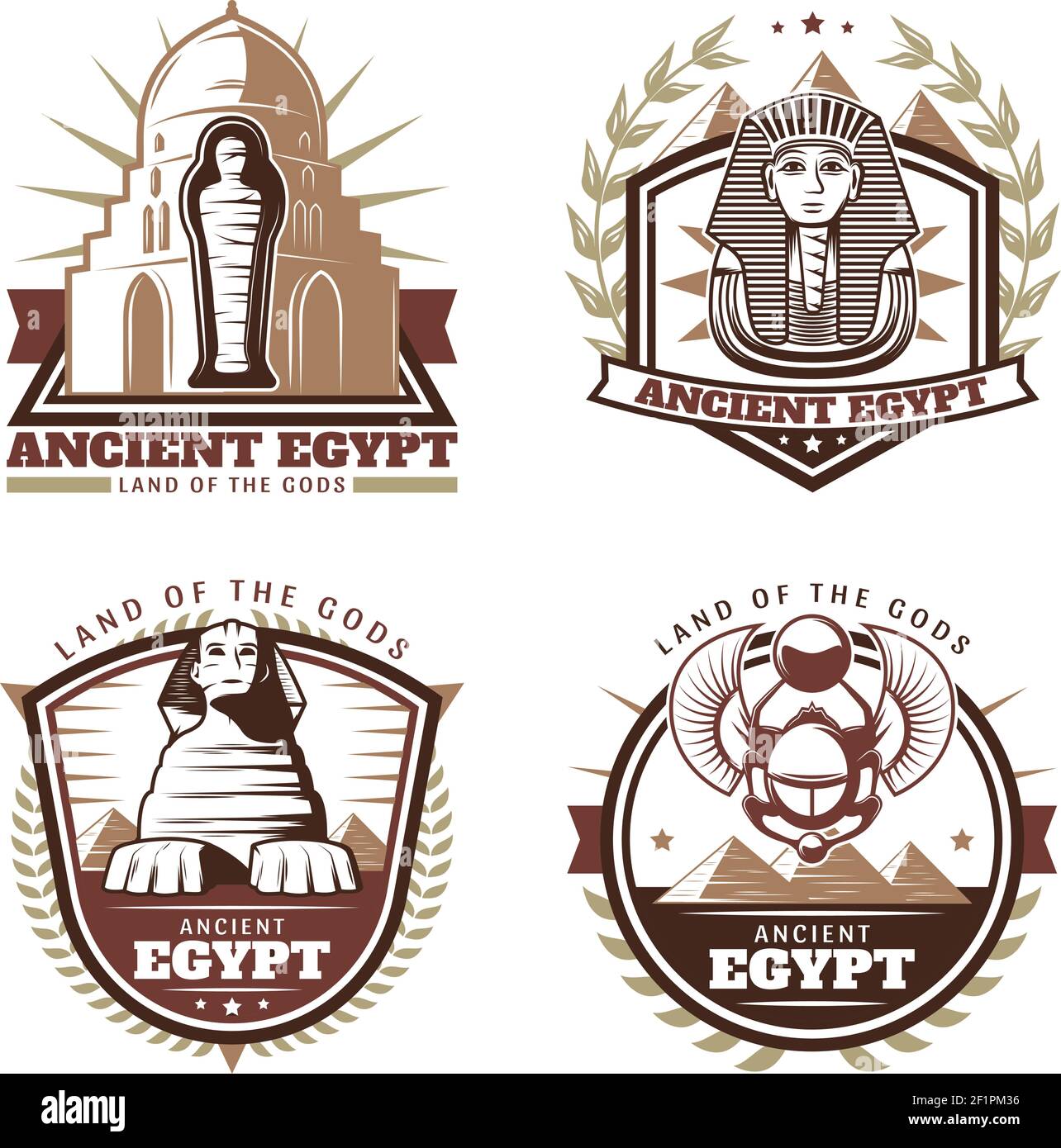 Vintage colored ancient Egypt emblems set with pharaoh mask mummy sphinx pyramids citadel scarab isolated vector illustration Stock Vector
