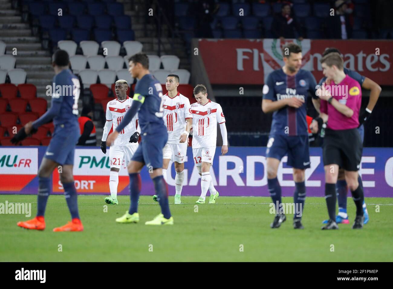 Nicolas DE PREVILLE (Lille OSC) scored a goal and celebrated it, Naim SLITI (Lille OSC), Yves BISSOUMA (Lille OSC) during the French championship Ligue 1 football soccer match between Paris Saint-Germain (PSG) and Lille (LOSC) on February 7, 2017 at Parc des Princes Stadium in Paris, France - Photo Stephane Allaman / DPPI Stock Photo