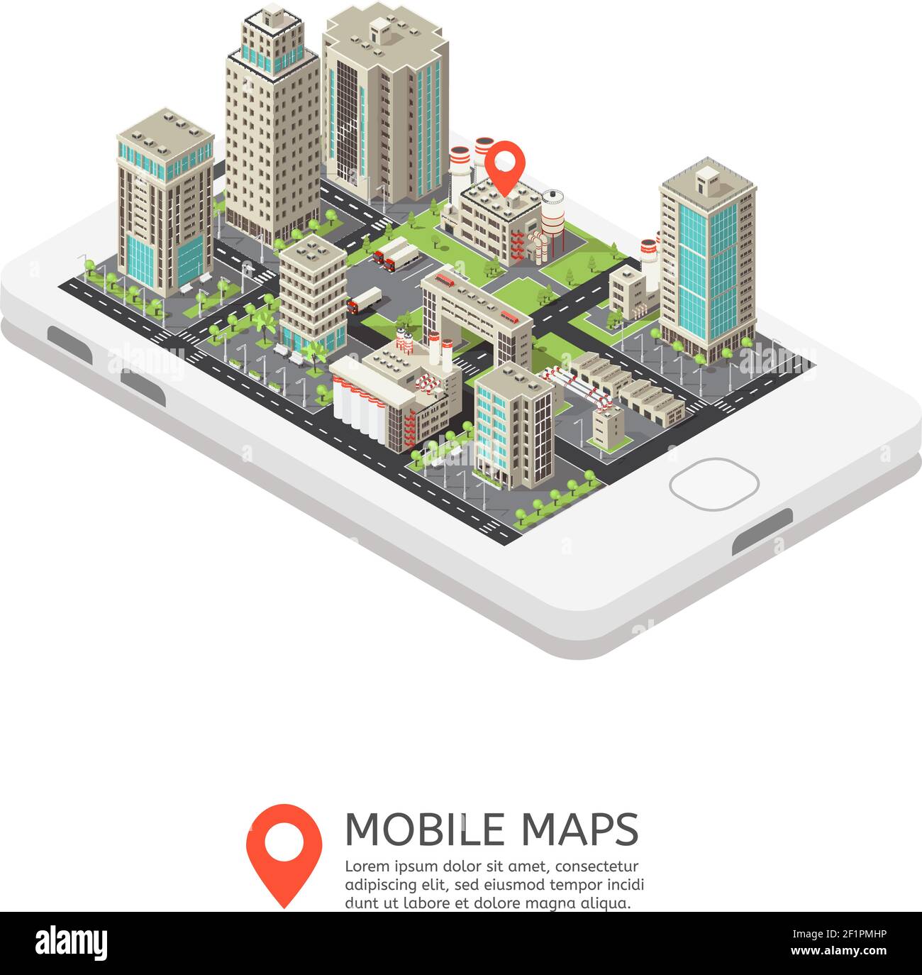 Mobile maps isometric design with industrial and office buildings standing on screen of smartphone vector illustration Stock Vector