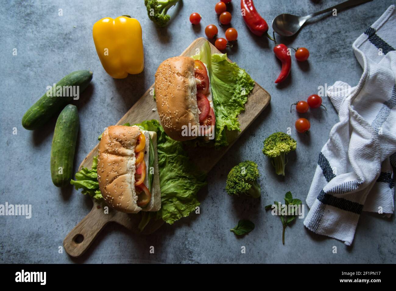 Continental snacks sandwich prepared with raw food ingredients. Stock Photo