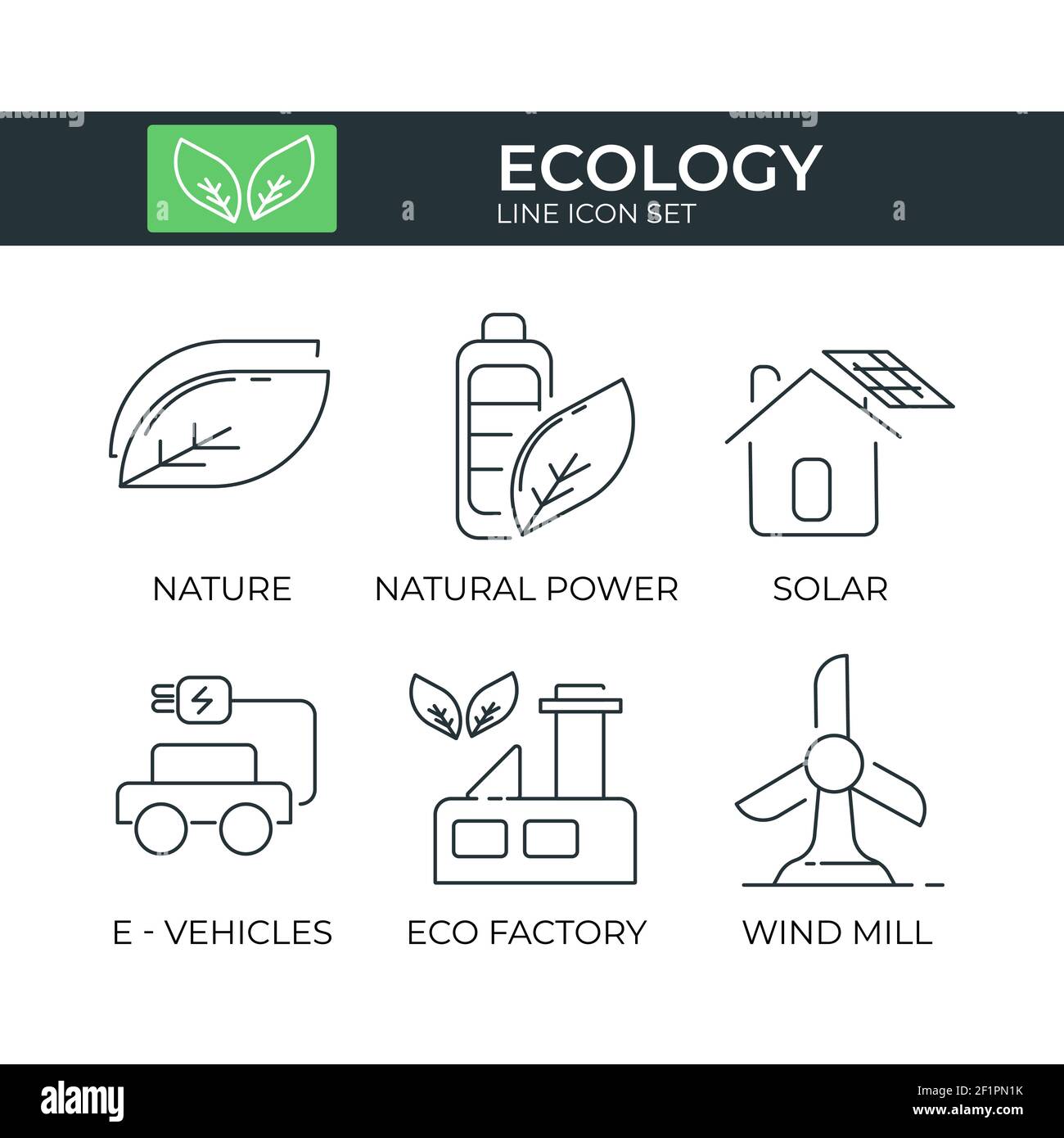 Ecology and Bio Icon Set of Leaf, Green Energy, Solar Panel, Electric Vehicle, Green Factory, Wind Mill Stock Vector