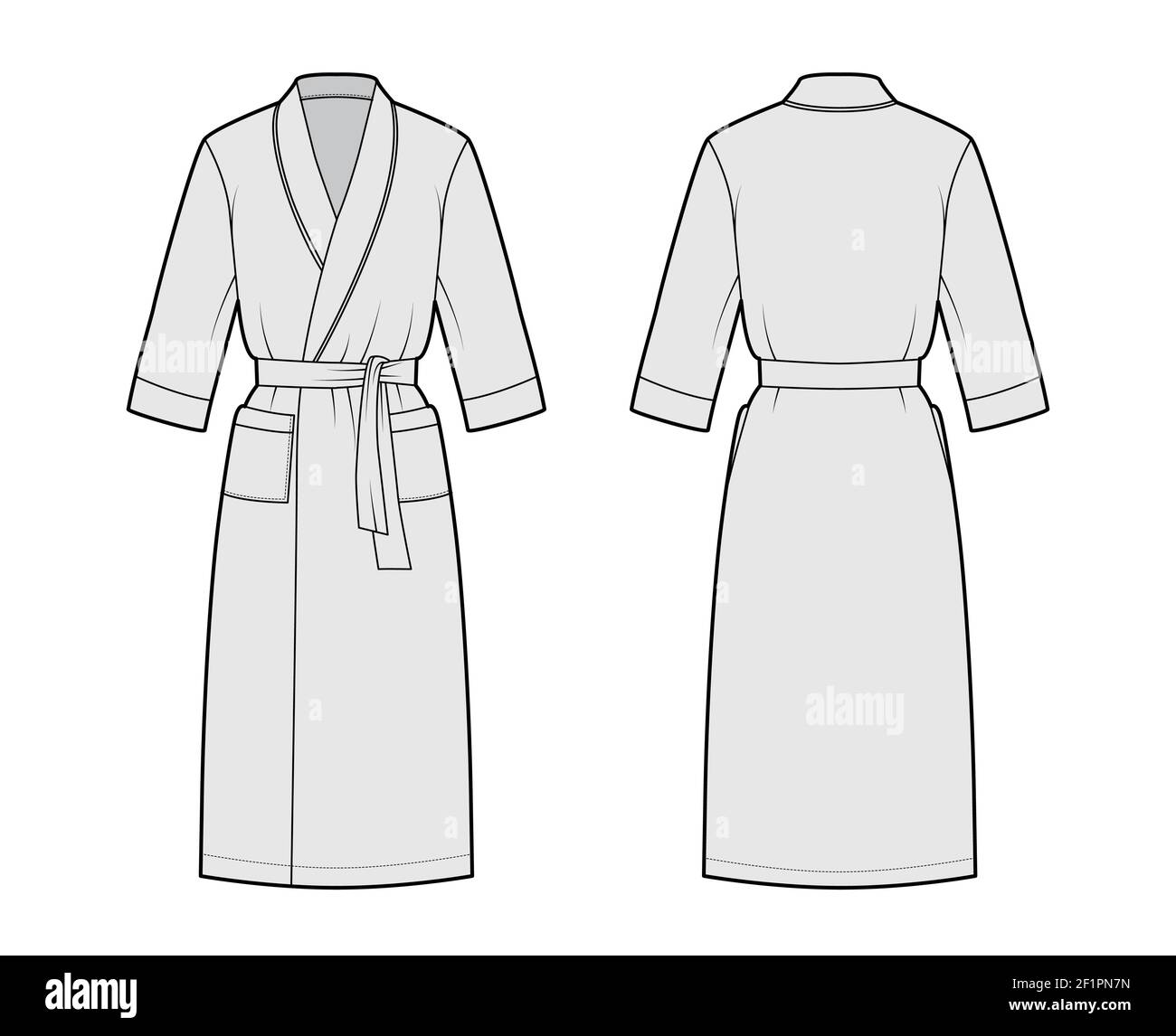 Bathrobe Dressing gown technical fashion illustration with wrap opening,  knee length, oversized, tie, pocket, elbow sleeves. Flat apparel front  back, grey color style. Women, men, unisex CAD mockup Stock Vector Image &