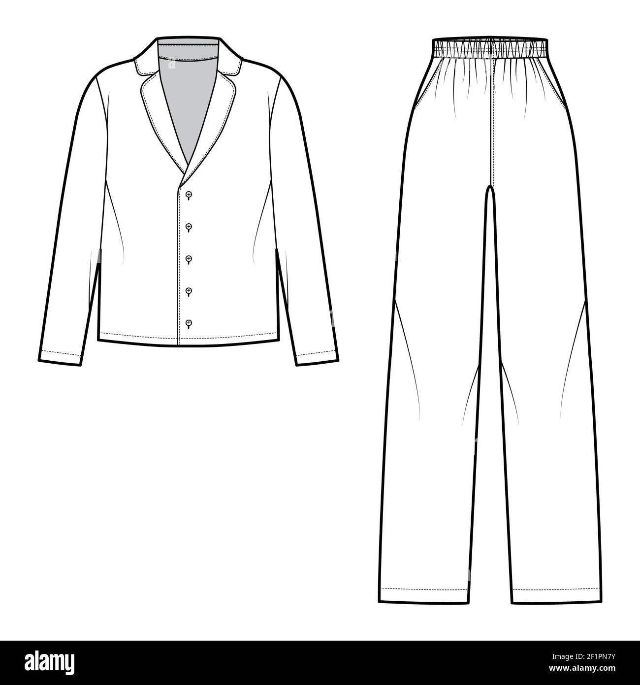 Set of Sleepwear Pajamas shirt, pants technical fashion illustration with  full length, normal waist, oversized, button closure, long sleeves. Flat  front, white color style. Women men unisex CAD mockup Stock Vector Image