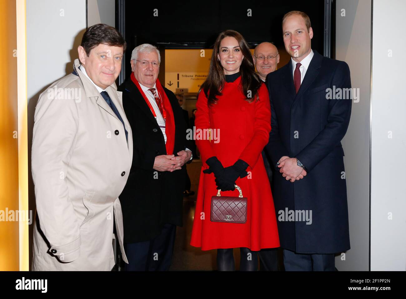 Catherine Elizabeth Middleton known as Kate Middleton, Duchess of Cambridge in United of Kingdom (Catherine Elizabeth Middleton dit Kate Middleton, Duchesse de Cambridge au Royaume-Uni), William Arthur Philip Louis known as Prince William, Duke of Cambridge in United of Kingdom (William Arthur Philip Louis dit Prince William, Duc de Cambridge au Royaume-Uni), Bernard Laporte (President of the french rugby federation), Dennis Gethin, President of the Welsh Rugby Union, Patrick Kanner, French Minister of Urbain Affairs, Youth and Sport arriving to the floor gate of the presidential stand during Stock Photo