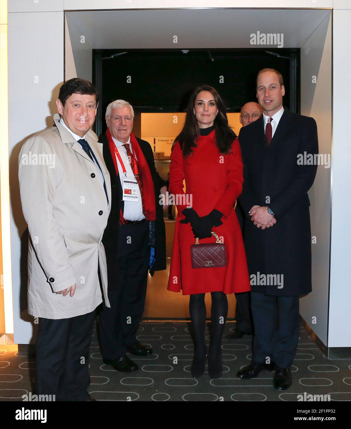 Patrick Kanner, French Minister of Urbain Affairs, Youth and Sport, Dennis Gethin, President of the Welsh Rugby Union, Catherine Elizabeth Middleton known as Kate Middleton, Duchess of Cambridge in United of Kingdom (Catherine Elizabeth Middleton dit Kate Middleton, Duchesse de Cambridge au Royaume-Uni), William Arthur Philip Louis known as Prince William, Duke of Cambridge in United of Kingdom (William Arthur Philip Louis dit Prince William, Duc de Cambridge au Royaume-Uni), Bernard Laporte (President of the french rugby federation) during the RBS 6 Nations 2017 Rugby Union match between Fran Stock Photo