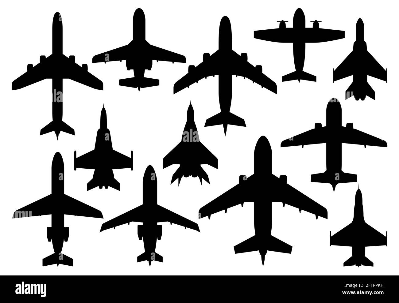 Civil passenger and military combat airplanes silhouettes. Airline modern airliner, private business jet and army air forces fighters or bombers, prop Stock Vector