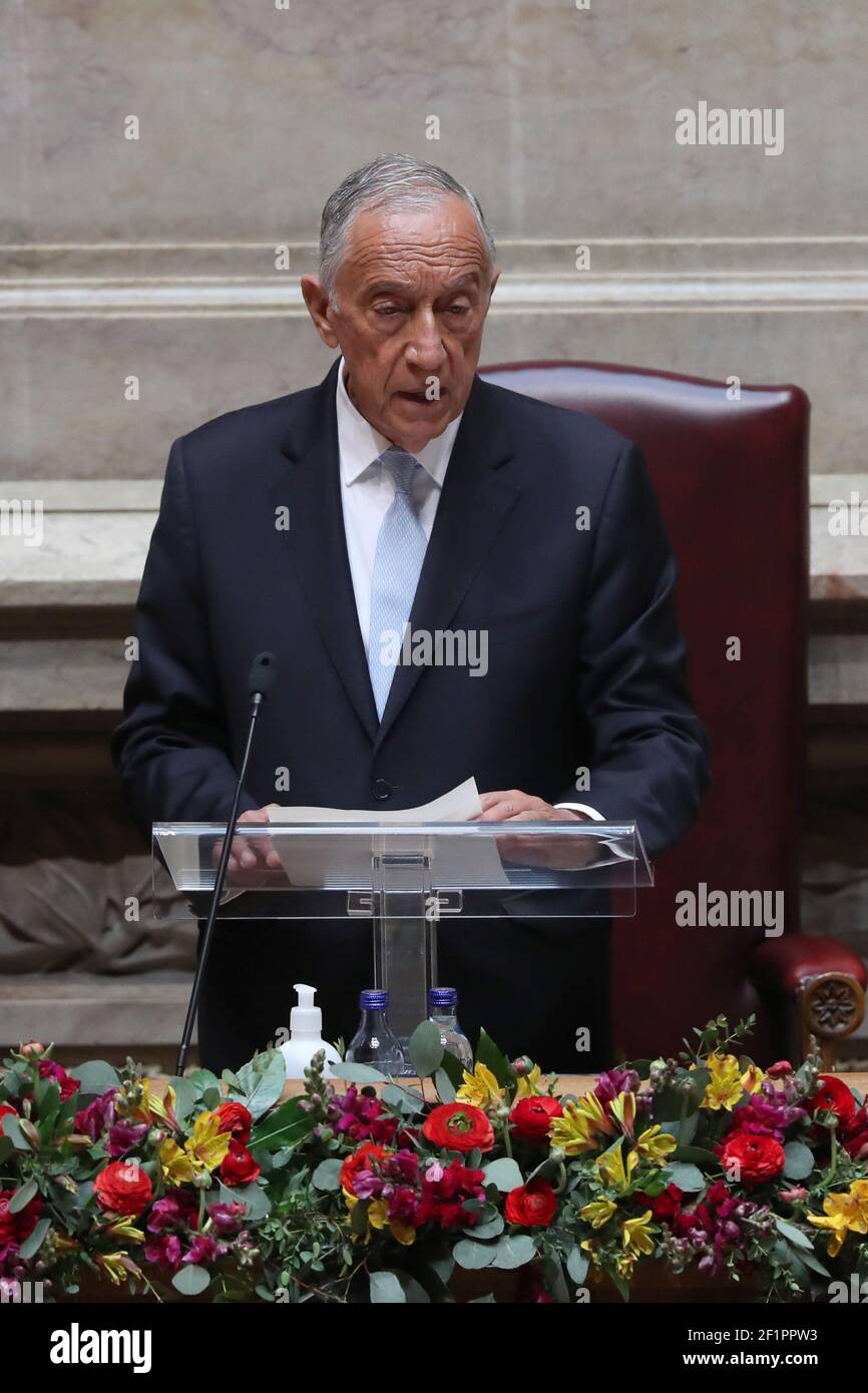 Lisbon, Portugal. 9th Mar, 2021. Re-elected Portuguese President Marcelo Rebelo de Sousa delivers a speech during his second term swearing-in ceremony at the Parliament in Lisbon, Portugal, March 9, 2021. Portuguese President Marcelo Rebelo de Sousa was inaugurated on Tuesday for his second term as head of state, promising 'good use of European funds, with good management' of financial resources to help the country's post-pandemic recovery. Credit: Petro Fiuza/Xinhua/Alamy Live News Stock Photo