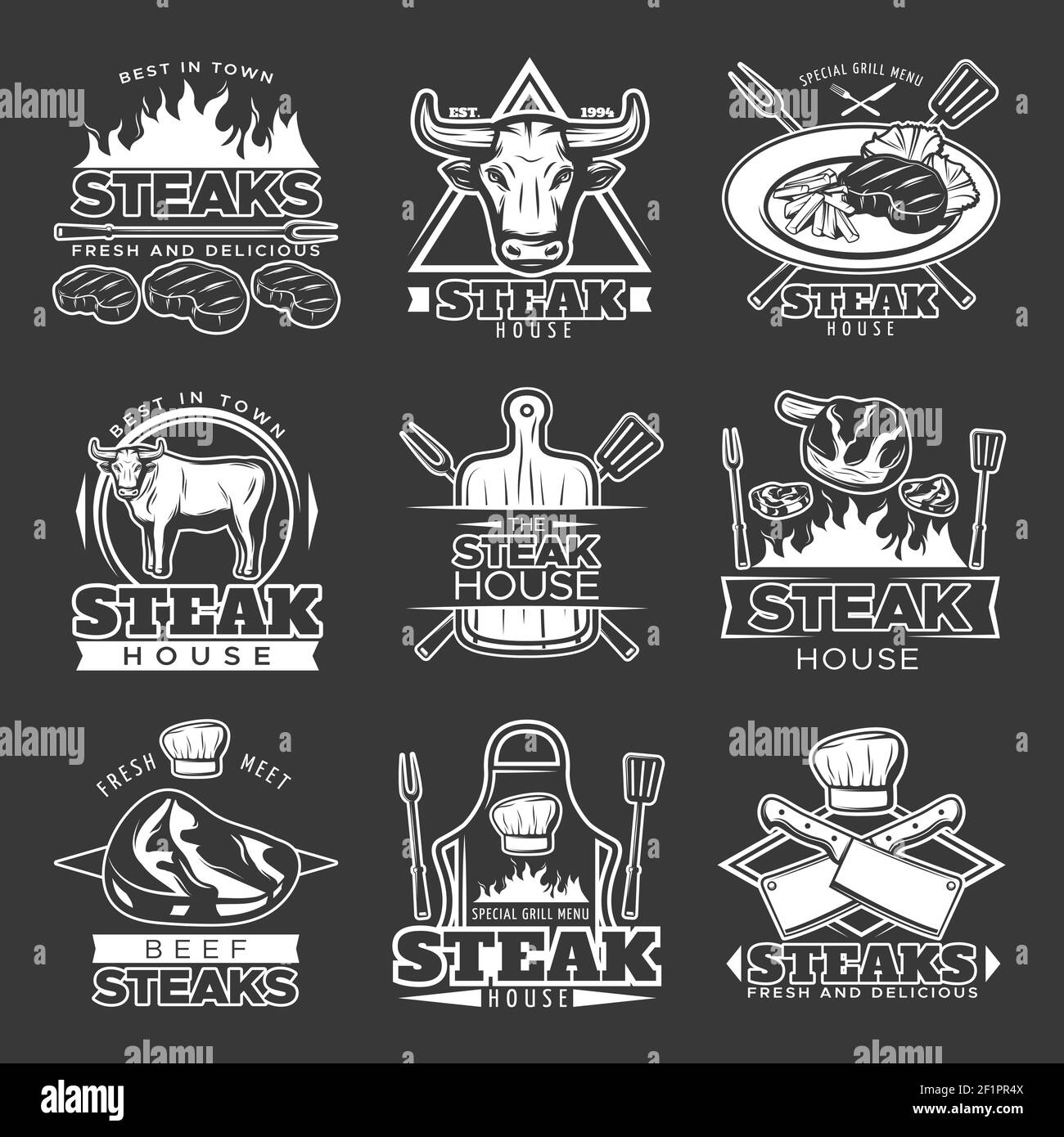 White isolated steak emblem set with raw meal and steak house headline