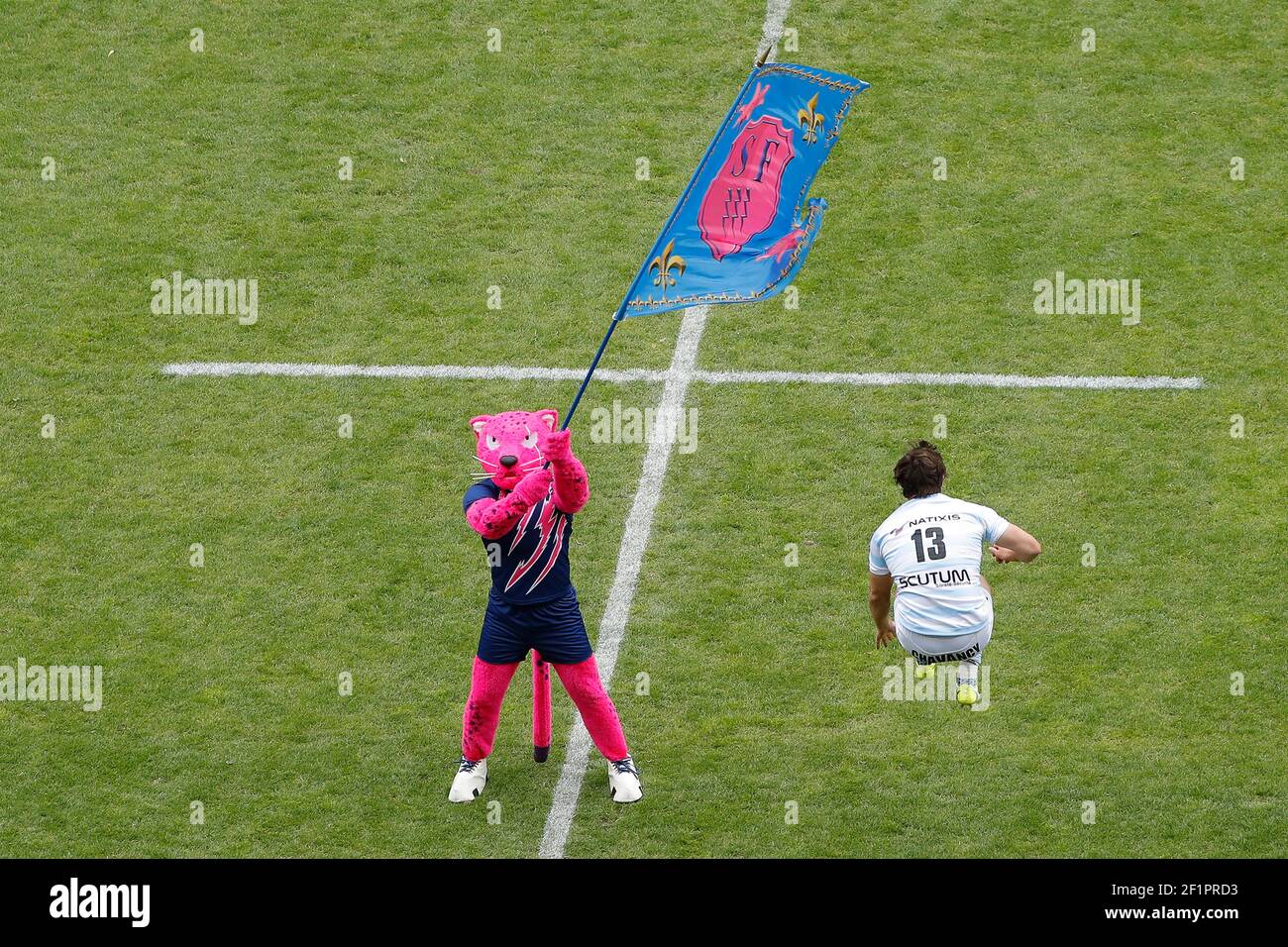 The mascotte Rocky and Henry CHAVANCY (Racing Metro 92) during the French  Championship Top 14 Rugby Union match between Stade Francais Paris and  Racing Metro 92 on April 30, 2017 at Jean
