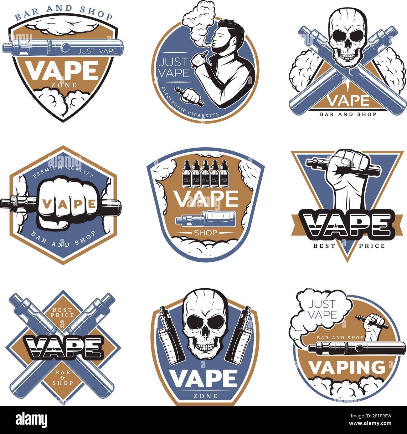 Vintage colorful vape labels with skull smoker electronic cigarettes vaporizers and other devices isolated vector illustration Stock Vector