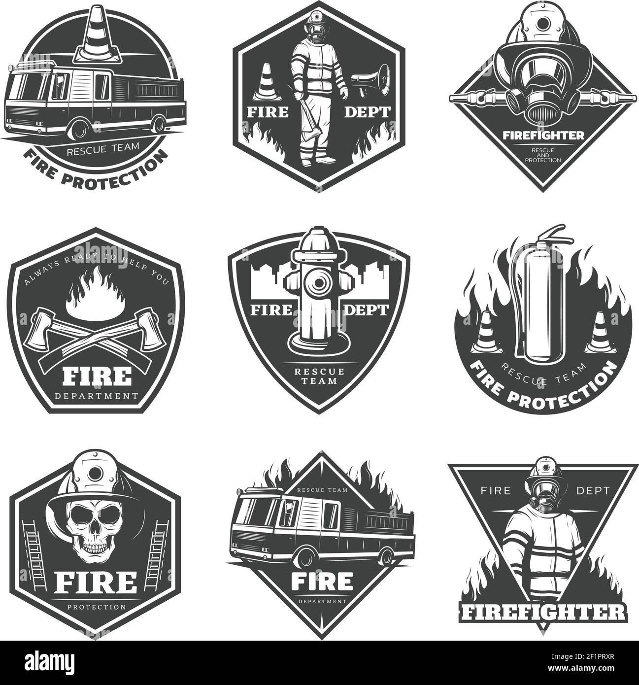 Monochrome professional firefighting labels set with fireman truck and ...