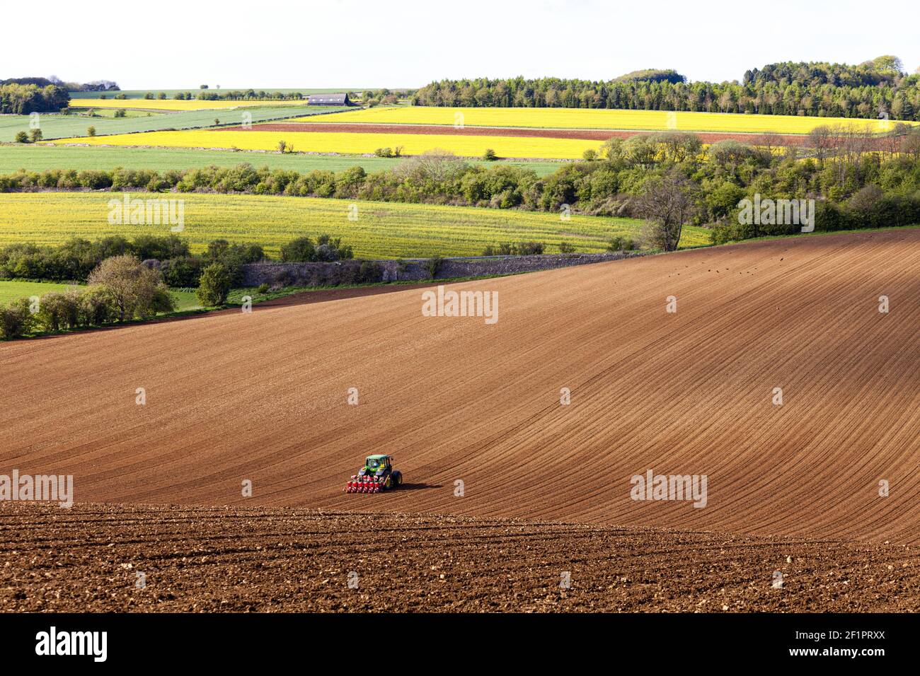 A tractor and seed drill sowing on Cotswold brash soil near the