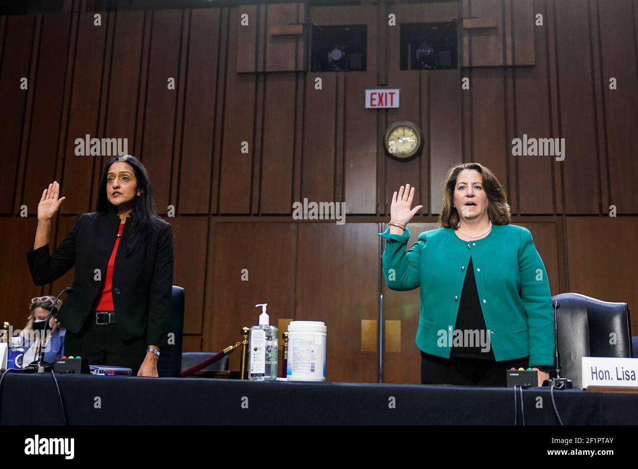 Nominee to be Associate Attorney General Vanita Gupta and nominee to be Deputy Attorney General Lisa Monaco are sworn in before the Senate Judiciary Committee during their confirmation hearing on Capitol Hill in Washington, U.S., March 9, 2021. REUTERS/Joshua Roberts Stock Photo