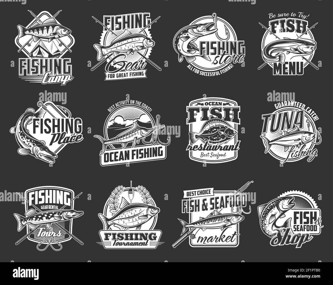 Fishing sport icons set. Sea and river fishes, pike, perch and bream, marlin, tuna and salmon, flounder, sheatfish or catfish, rod and hook. Fishing t Stock Vector