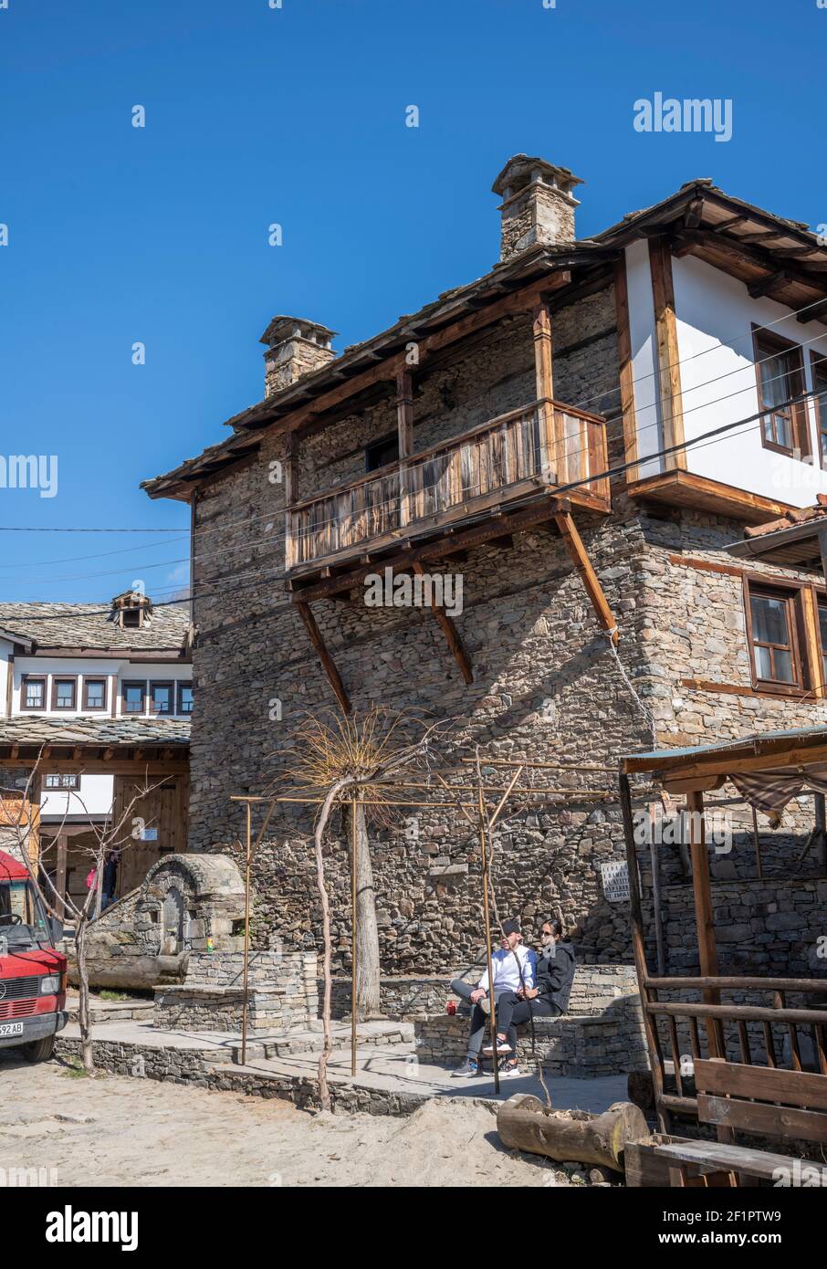 Kovachevitsa, Bulgaria - Feb 28 2021: Wooden wall of an authentic Bulgarian house from Rhodope mountains region Stock Photo