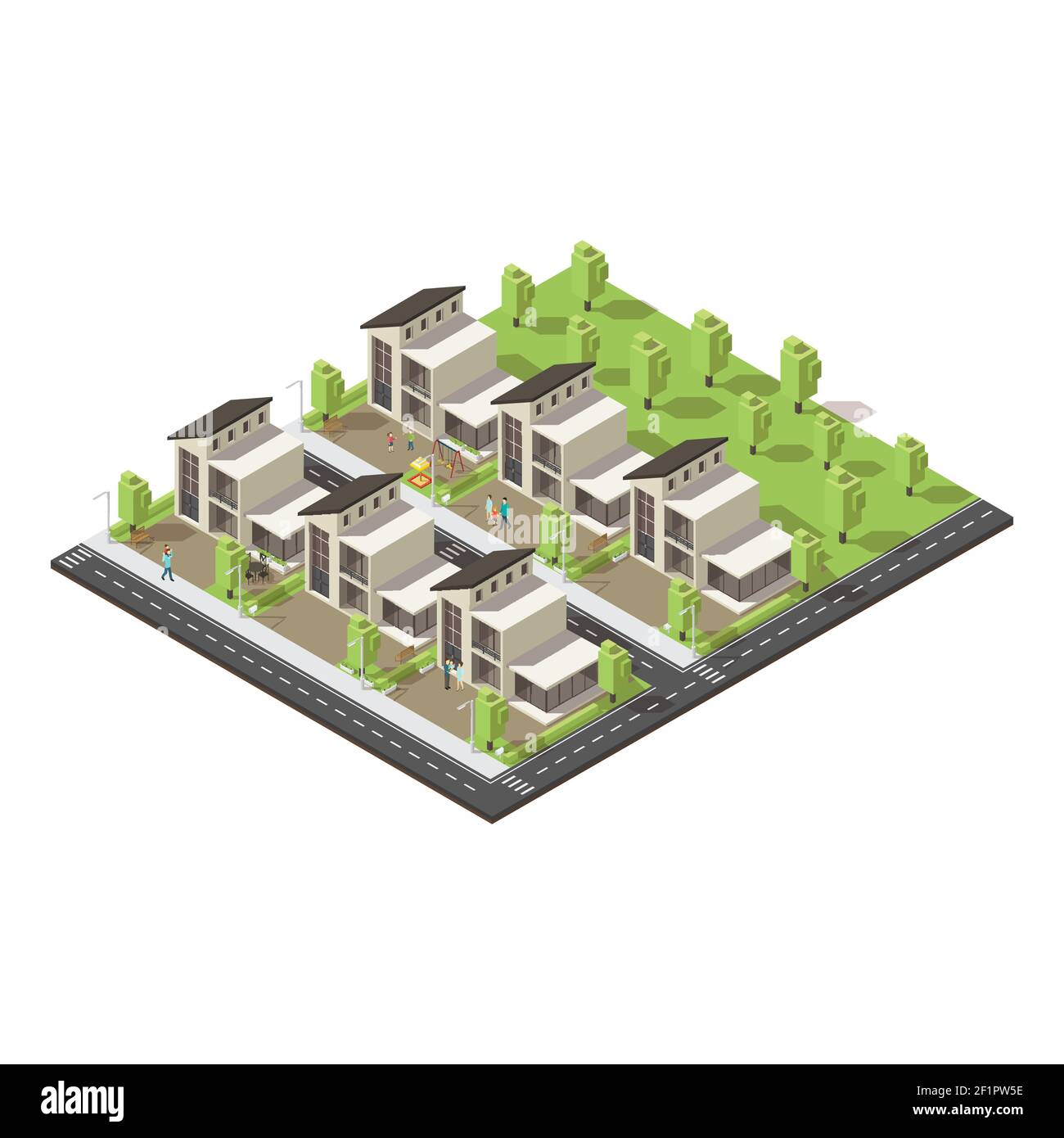 Isometric complex suburban buildings concept of similar construction ...