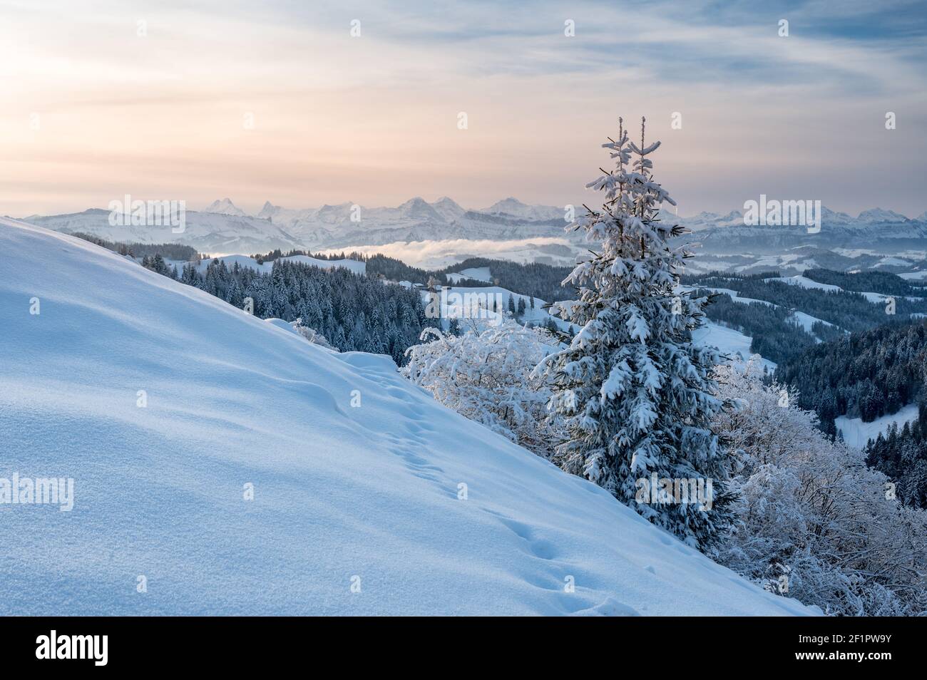 winter landscape in Emmental and Eiger Mönch and Jungfrau in the ...