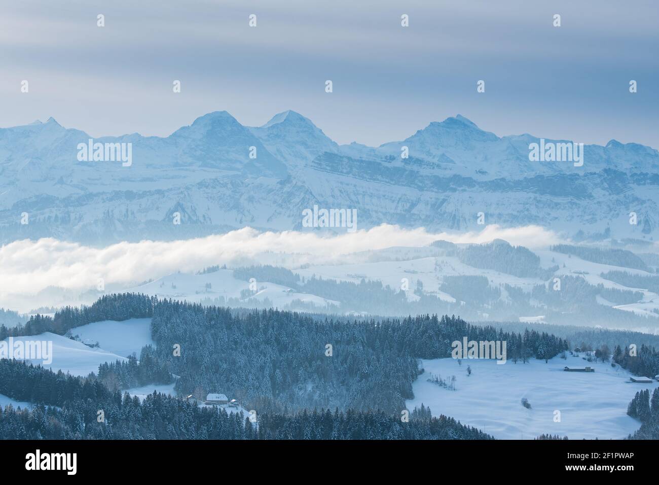 Eiger Mönch and Jungfrau and the landscape of Emmental in winter Stock ...