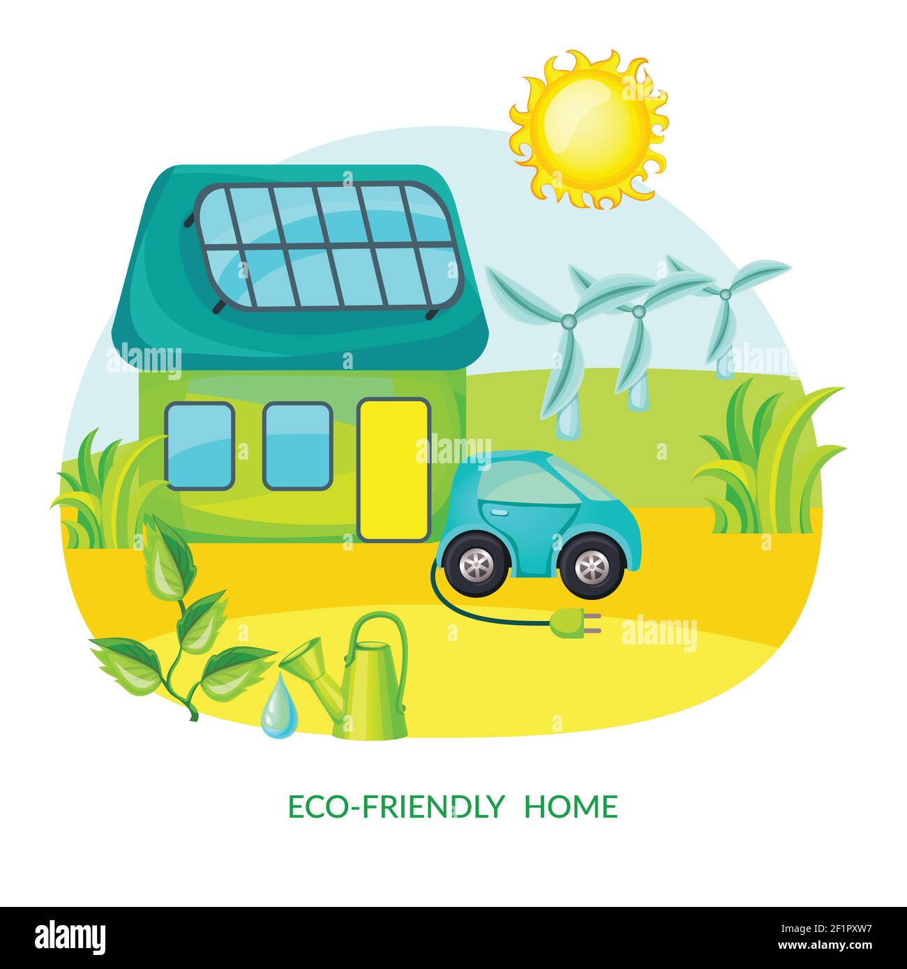 Ecology cartoon template with energy efficient house solar panel electric  car sun water can windmills vector illustration Stock Vector Image & Art -  Alamy