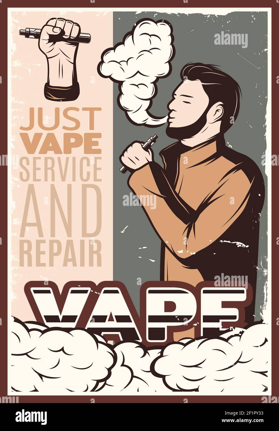 Vaping vintage poster with smoking electronic cigarette hipster and hand holding vaporizer vector illustration Stock Vector
