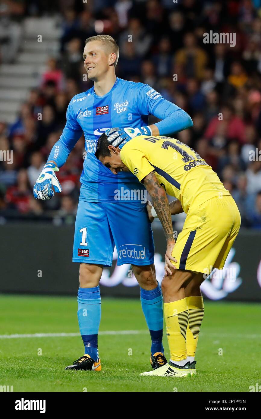 Karl-Johan JOHNSSON (En Avant De Guingamp) helped Angel Di Maria (psg) to stand up during the French championship L1 football match between EA Guingamp v Paris Saint-Germain, on August 13, 2017 at the Roudourou stadium in Guingamp, France - Photo Stephane Allaman / DPPI Stock Photo
