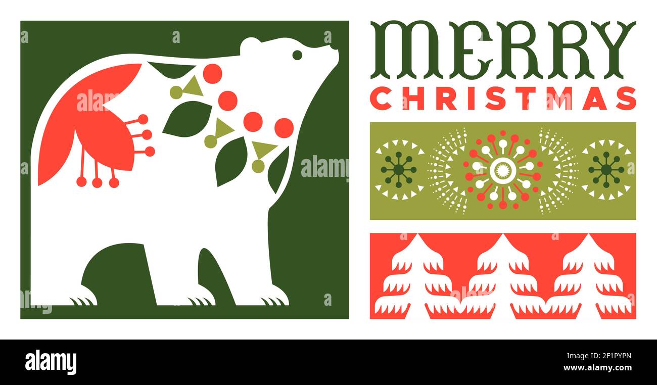 Merry Christmas web banner illustration of minimalist folk art decoration. Flat nordic style design in festive colors includes pine tree, polar bear a Stock Vector