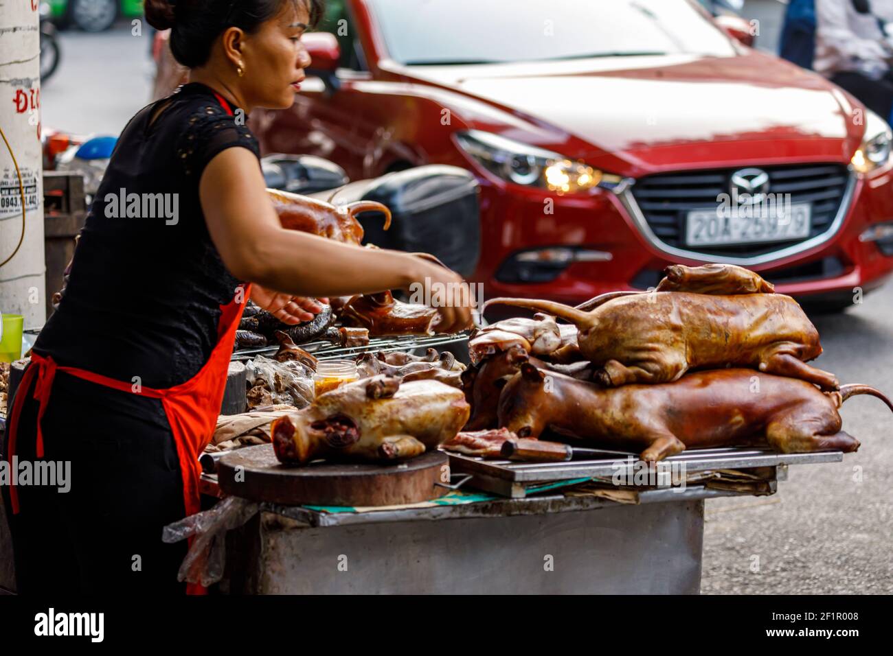 Dog meat on the grill in the streets of Hanoi in Vietnam Stock Photo