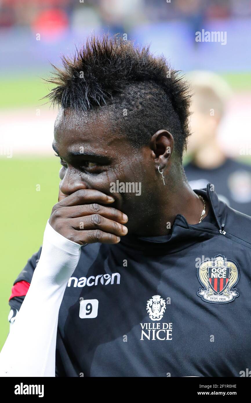 Mario Balotelli (Olympique Gymnaste Club Nice Cote d Azur - OGC Nice)  laughed during the French Championship Ligue 1 football match between Paris  Saint-Germain and OGC Nice on October 27, 2017 at