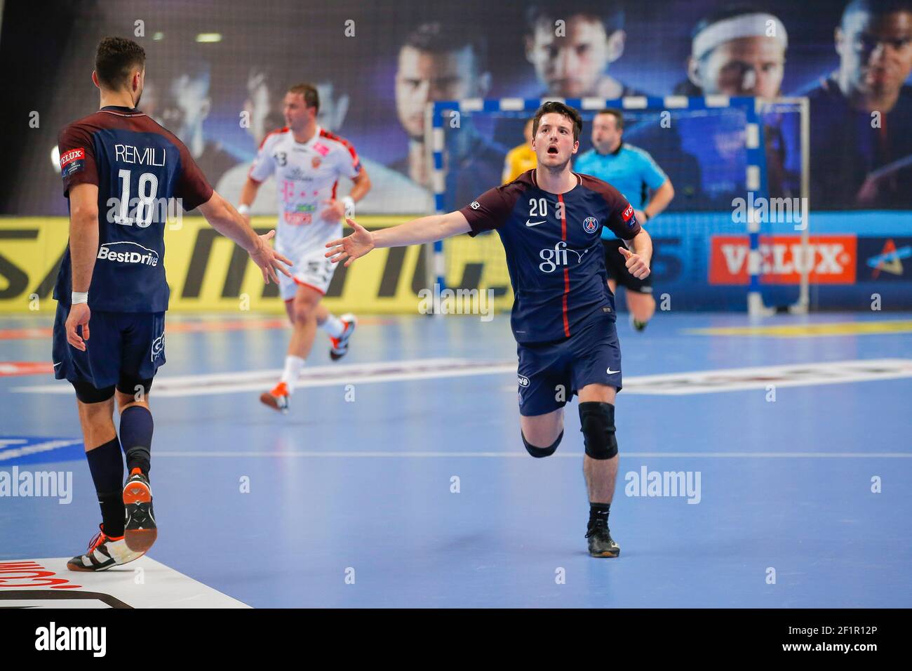 Edouard Kempf (PSG Handball) scored a goal and celebrated it with Nedim  Remili (PSG Handball) during the EHF Champions League, Group Stage, group B Handball  match between Paris Saint-Germain Handball and Veszprem,