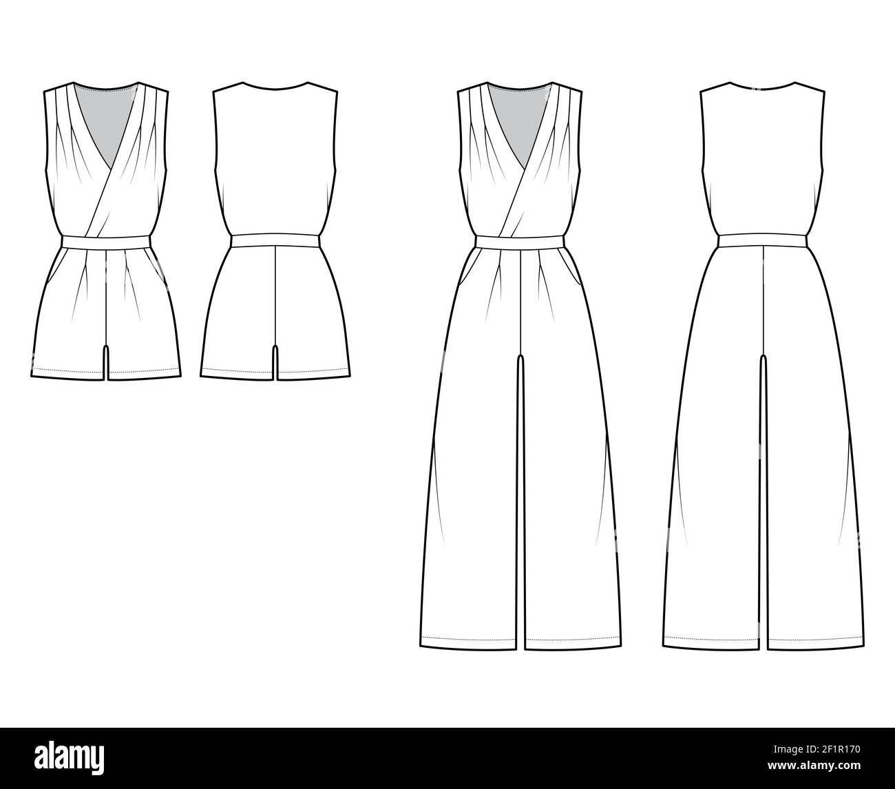 Set of playsuits romper overall jumpsuit technical fashion illustration with full mini length, normal waist, high rise, pockets, single pleat. Flat front back, white color. Women men unisex CAD mockup Stock Vector