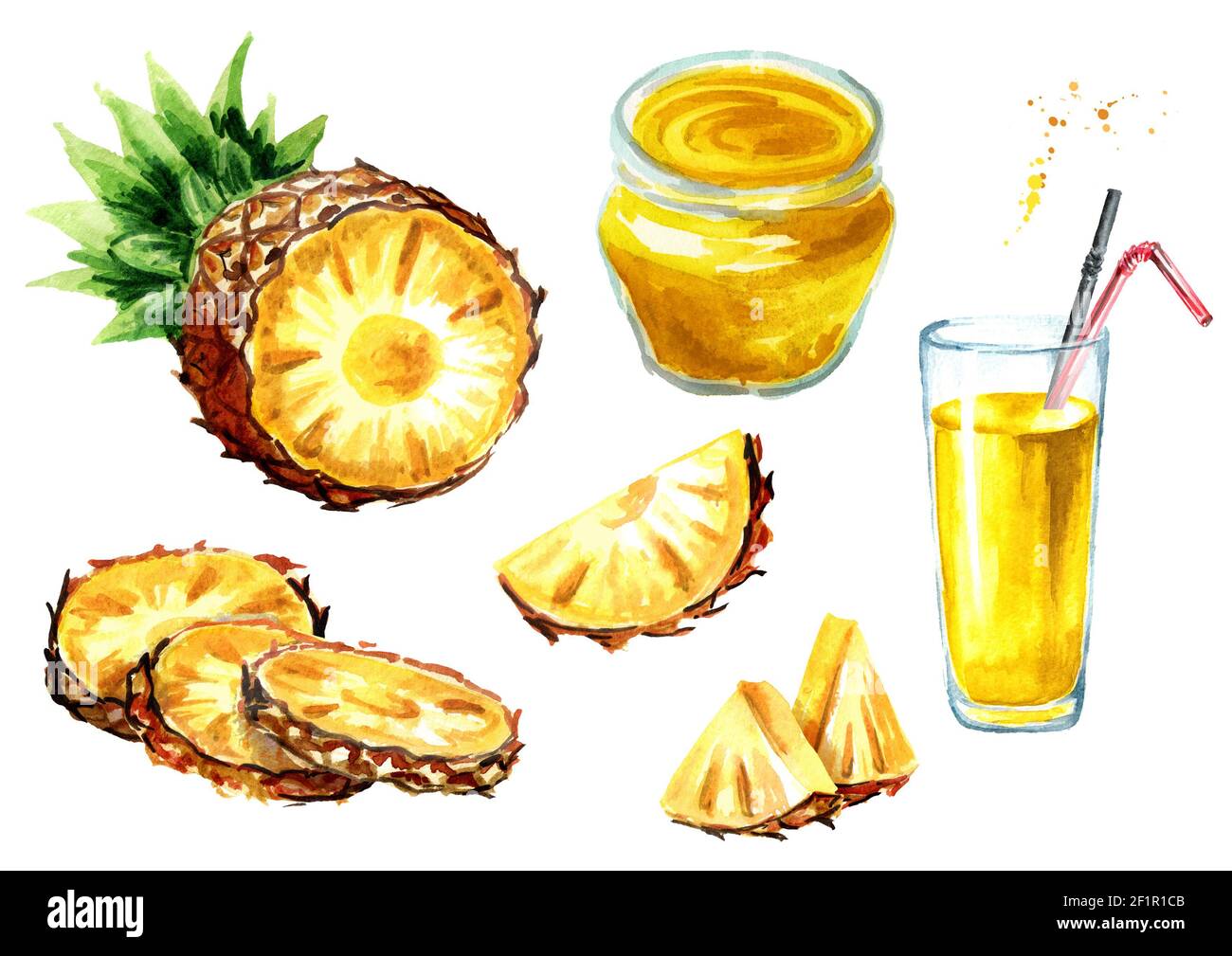 Pineapple Products Set Watercolor Hand Drawn Illustration Isolated On White Background Stock