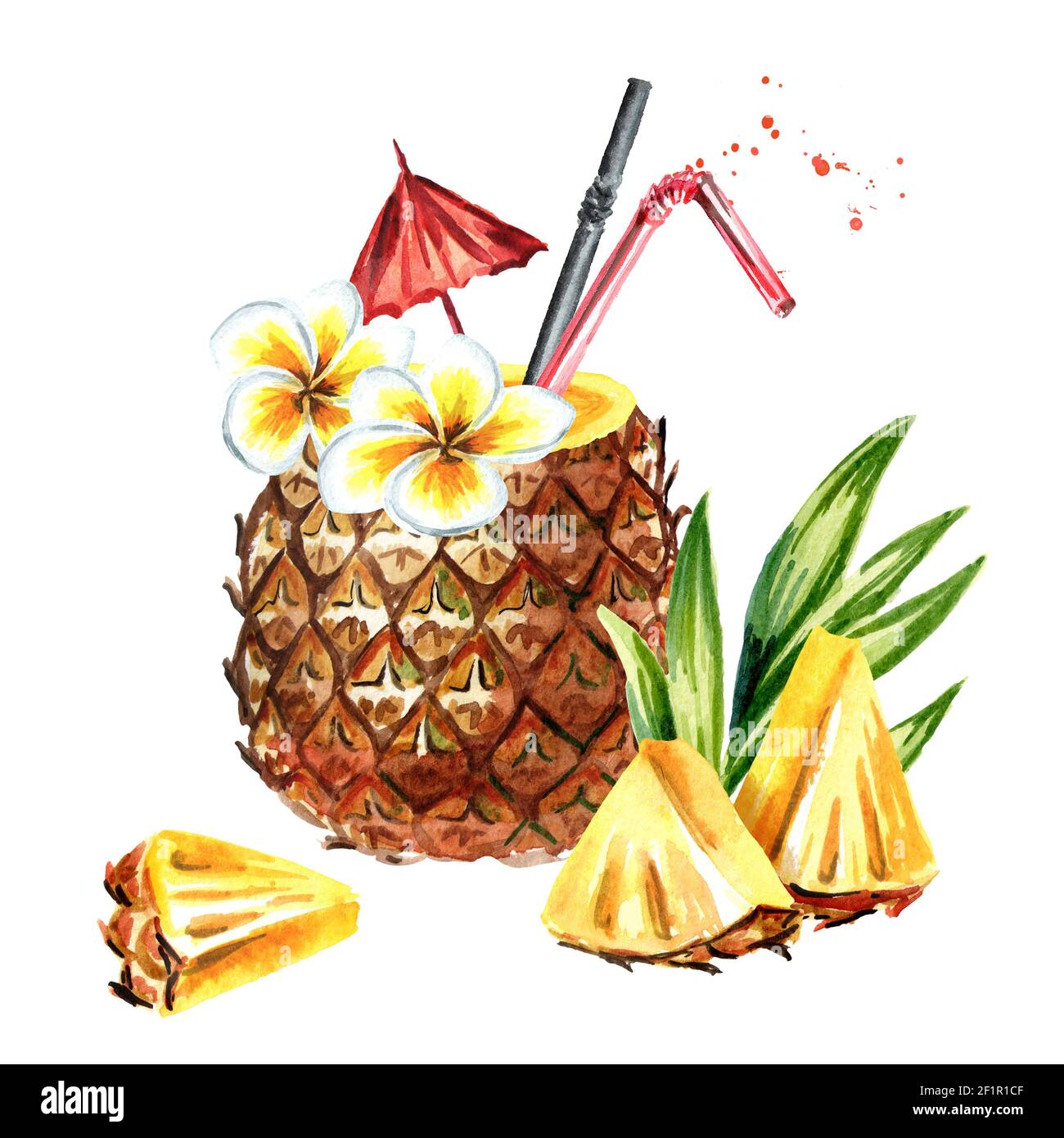 Pineapple cocktail with pineapple slices. Watercolor hand drawn