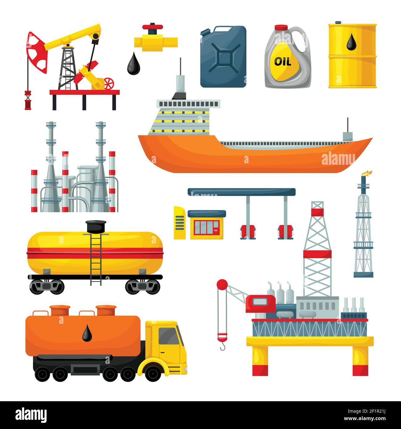 Oil industry icons collection with drilling rig tanker truck platform factory cans barrel gas station isolated vector illustration Stock Vector