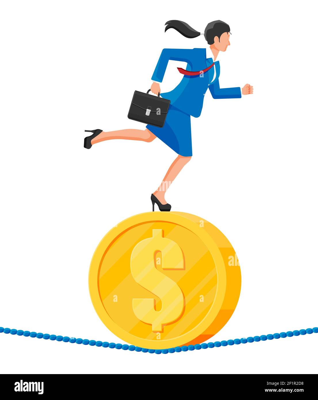 Businesswoman on coin walking on rope with suitcase. Business woman walking on tightrope gap. Obstacle on road, financial crisis. Risk management challenge. Vector illustration in flat style Stock Vector