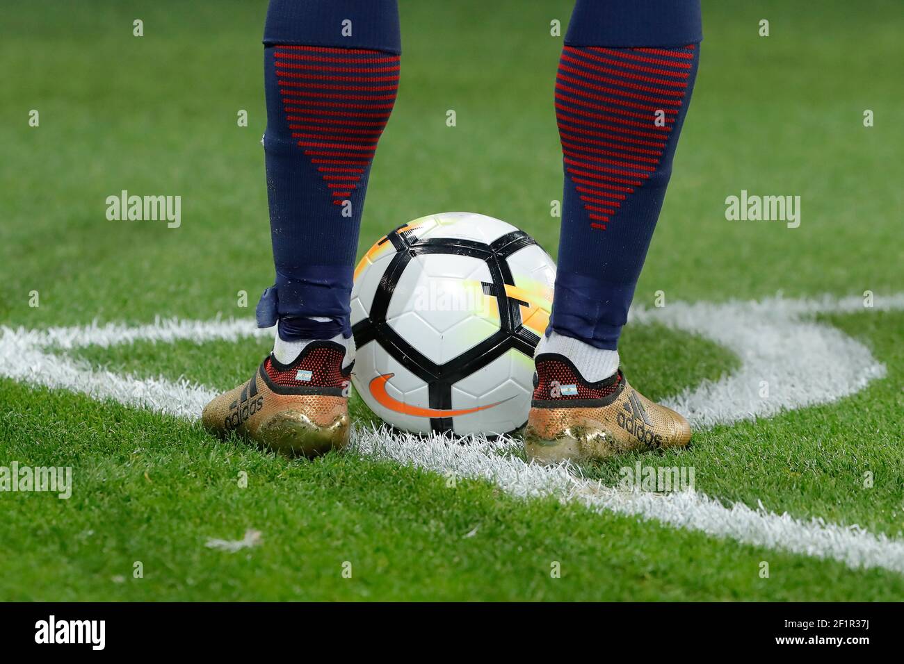 Illustration of the Adidas shoes of Angel Di Maria (psg) with argentina  flag and Nike ball at corner area during the French Cup, round of 32,  football match between Paris Saint-Germain and