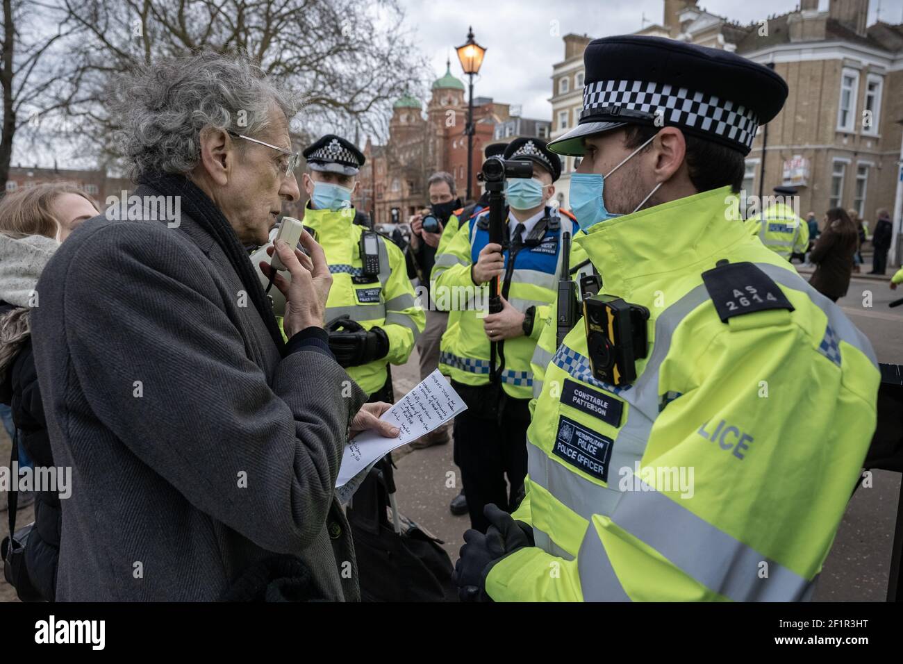 Coronavirus: Piers Corbyn is arrested during an attempted anti-lockdown event of 20-30 protesters on Richmond Green in south east London, UK. Stock Photo