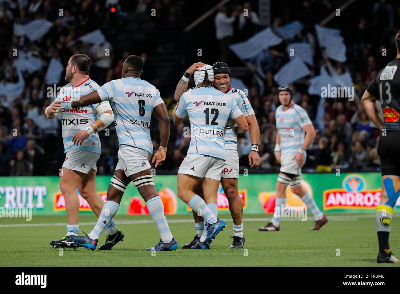 Patrick Lambie (Racing 92) scored a try greated by Anthony Tuitavake  (Racing 92), Yannick NYANGA KABASELE (Racing 92) during the French  Championship Top 14 Rugby Union match between Racing 92 and La